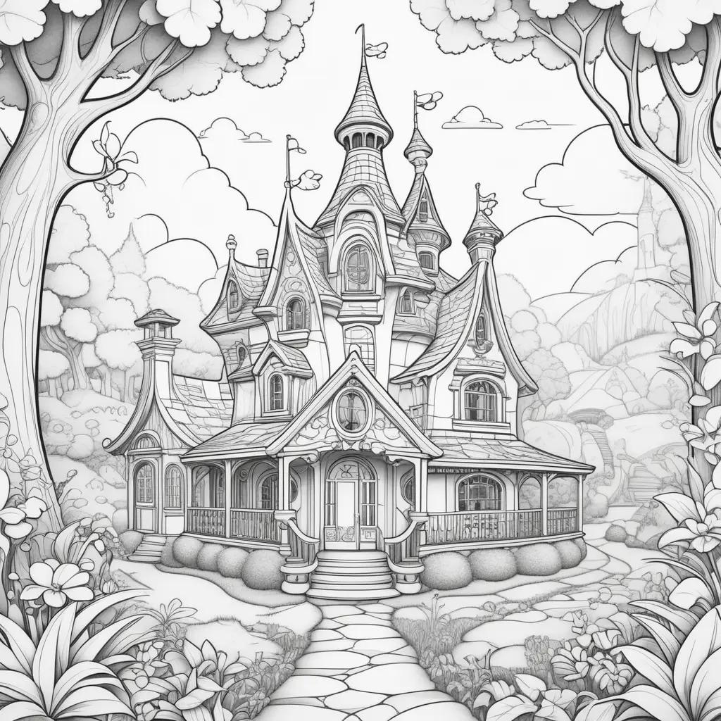 coloring page of a whimsical house and trees