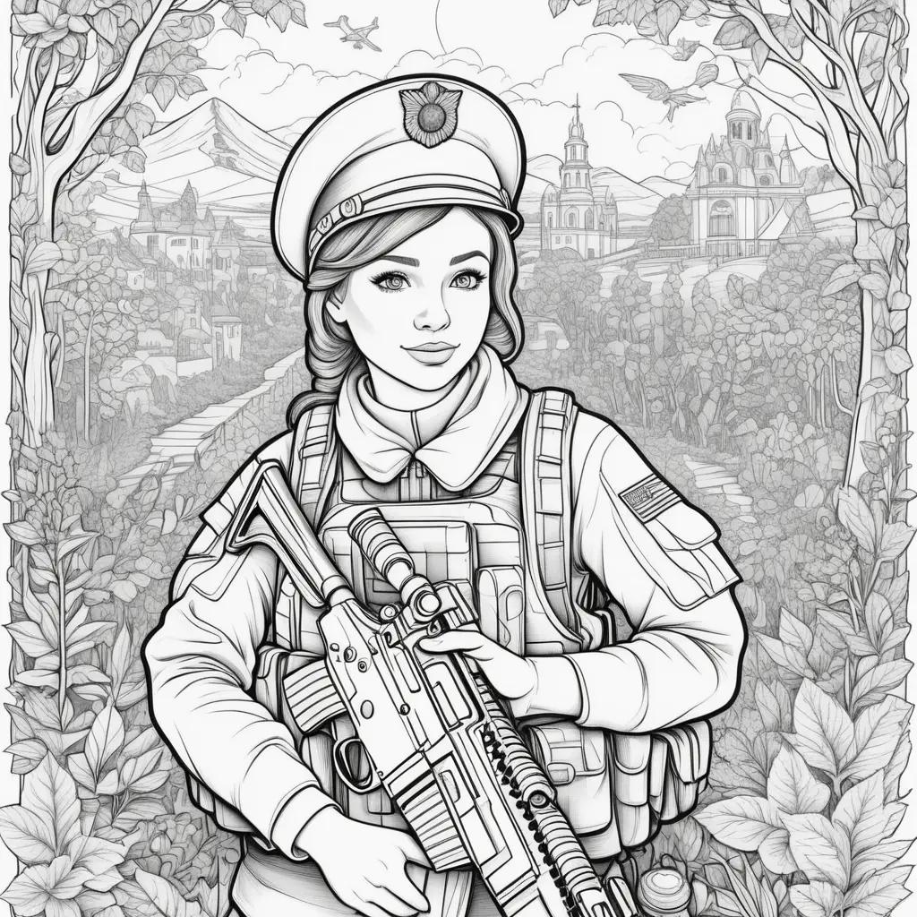 coloring page of a woman holding a rifle