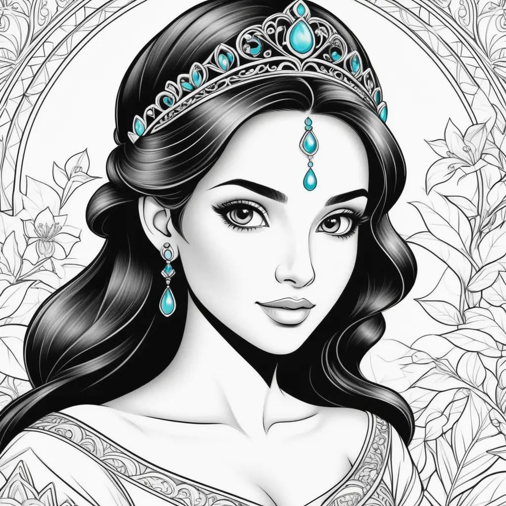 coloring page of a woman with a crown and earrings