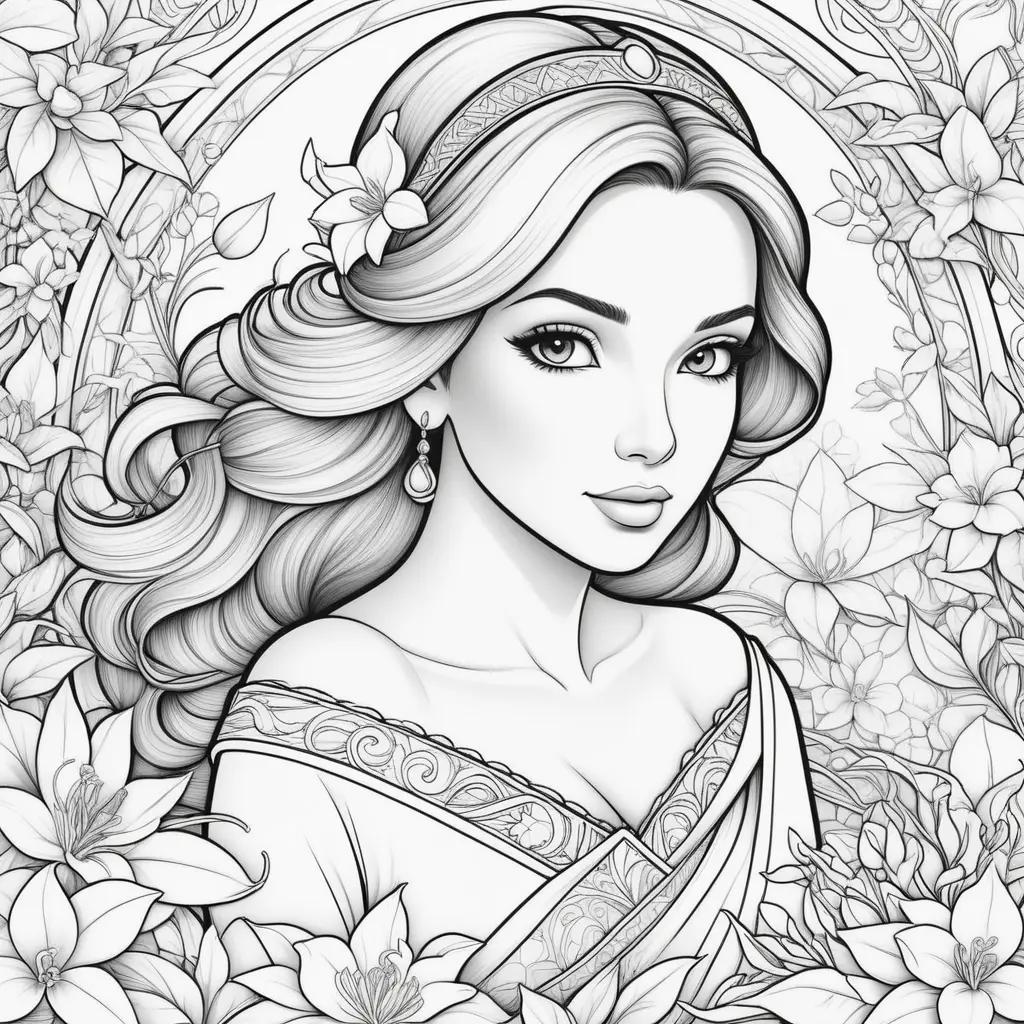 coloring page of a woman with a flower crown