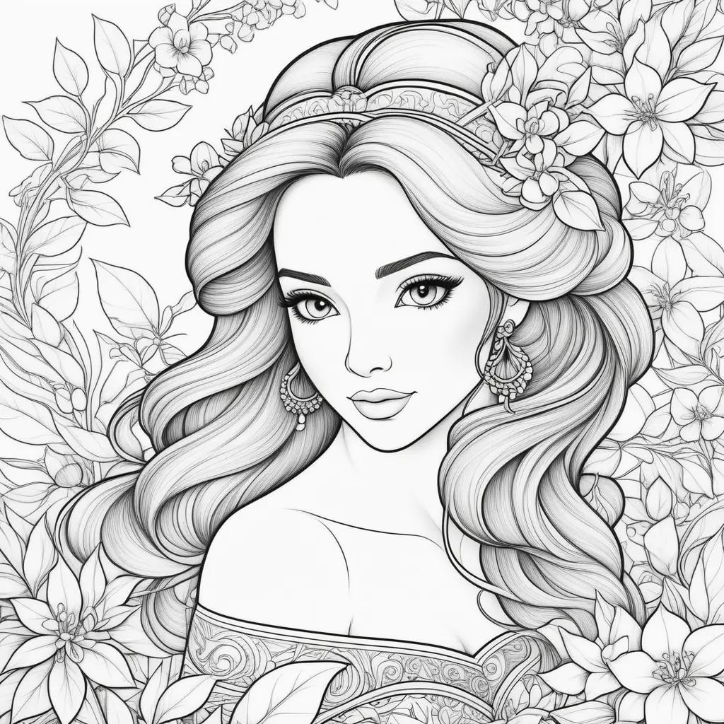 coloring page of a woman with a flower crown and earrings