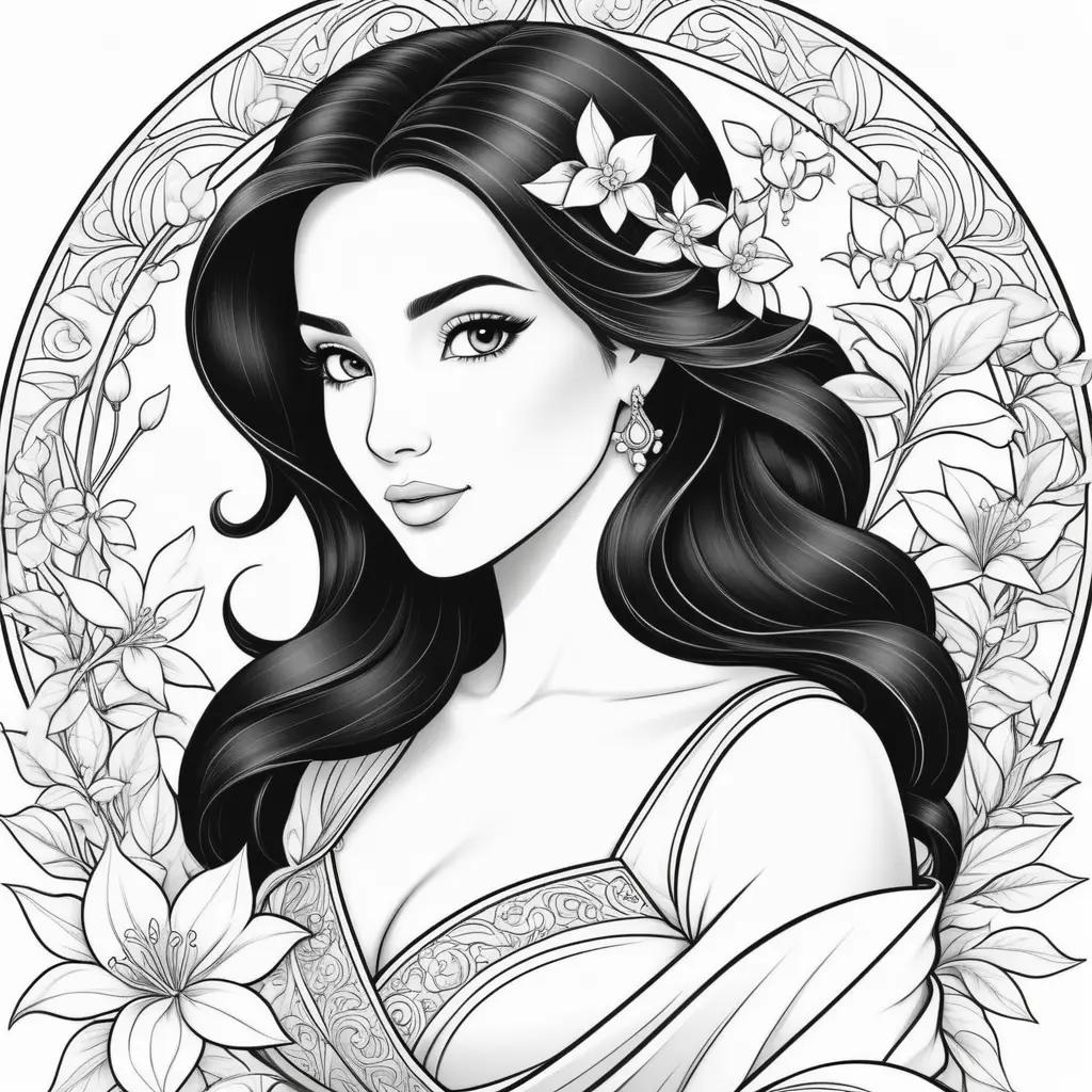 coloring page of a woman with a flower crown