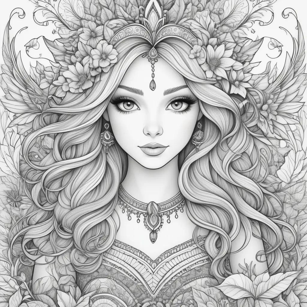 coloring page of a woman with flowers