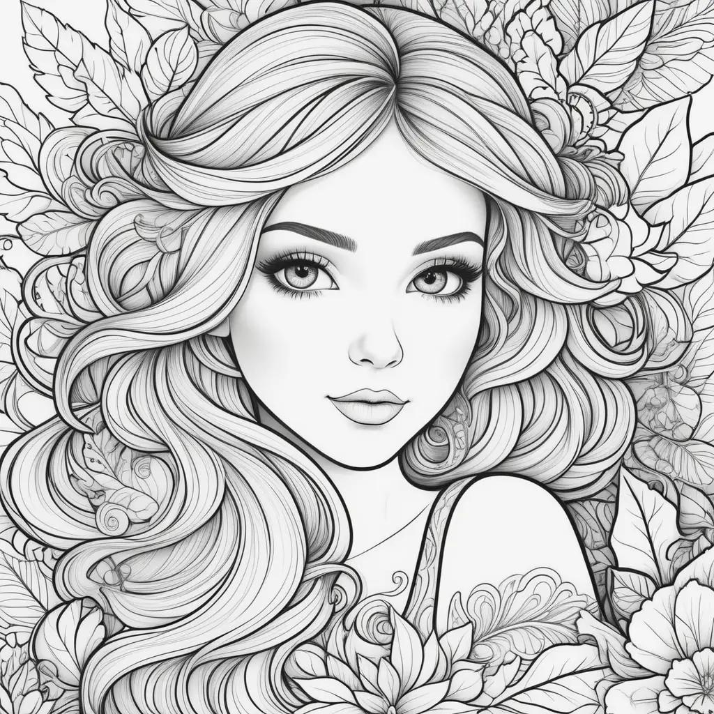 coloring page of a woman with flowers and leaves