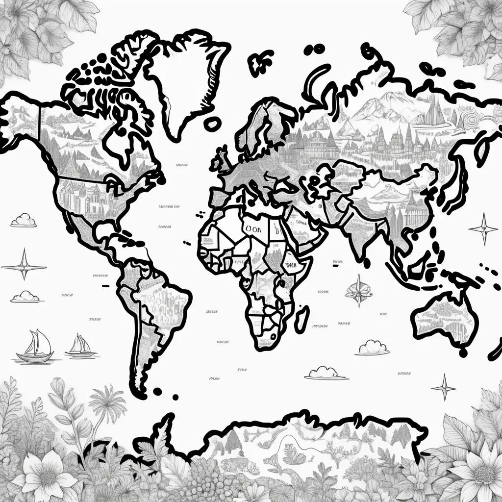 coloring page of a world map with various countries