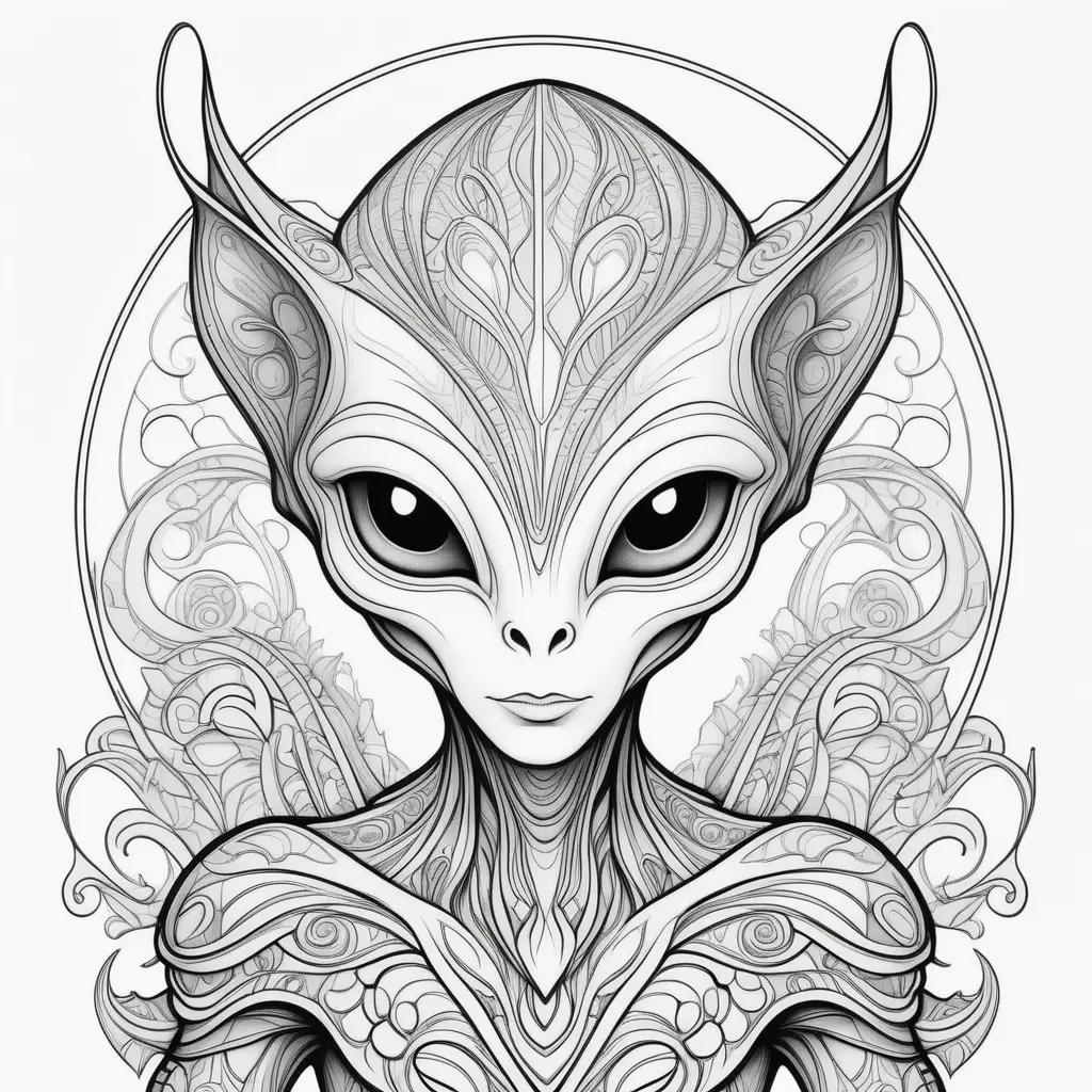 coloring page of an alien with a black and white style