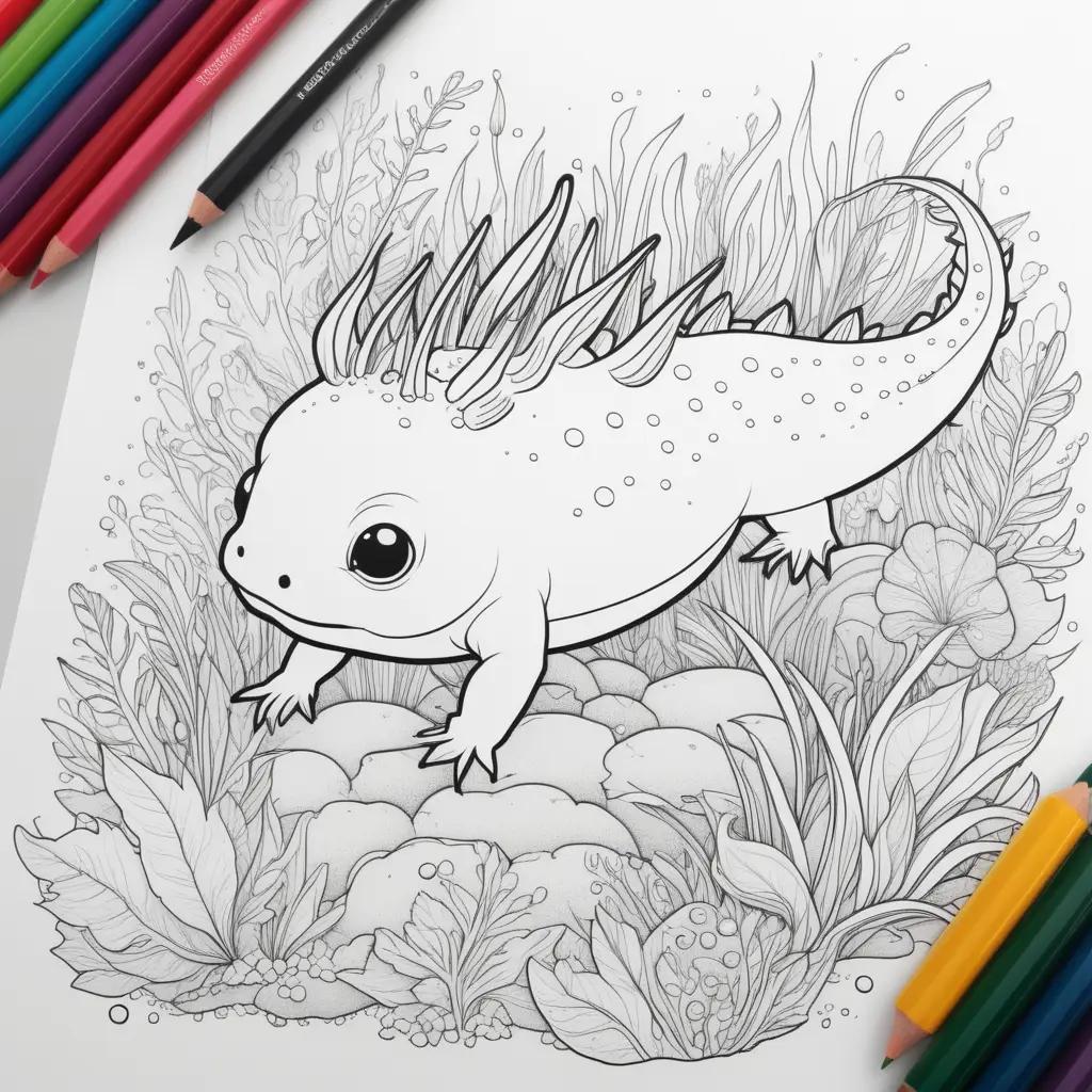 coloring page of an axolotl with a variety of colored pencils