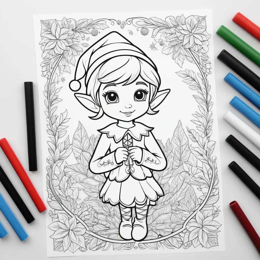 coloring page of an elf on the shelf with various coloring tools