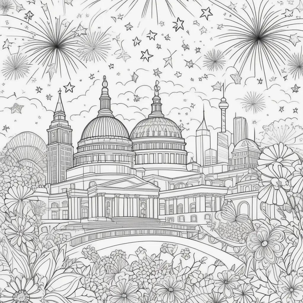 coloring page of fireworks and a city on July 4th