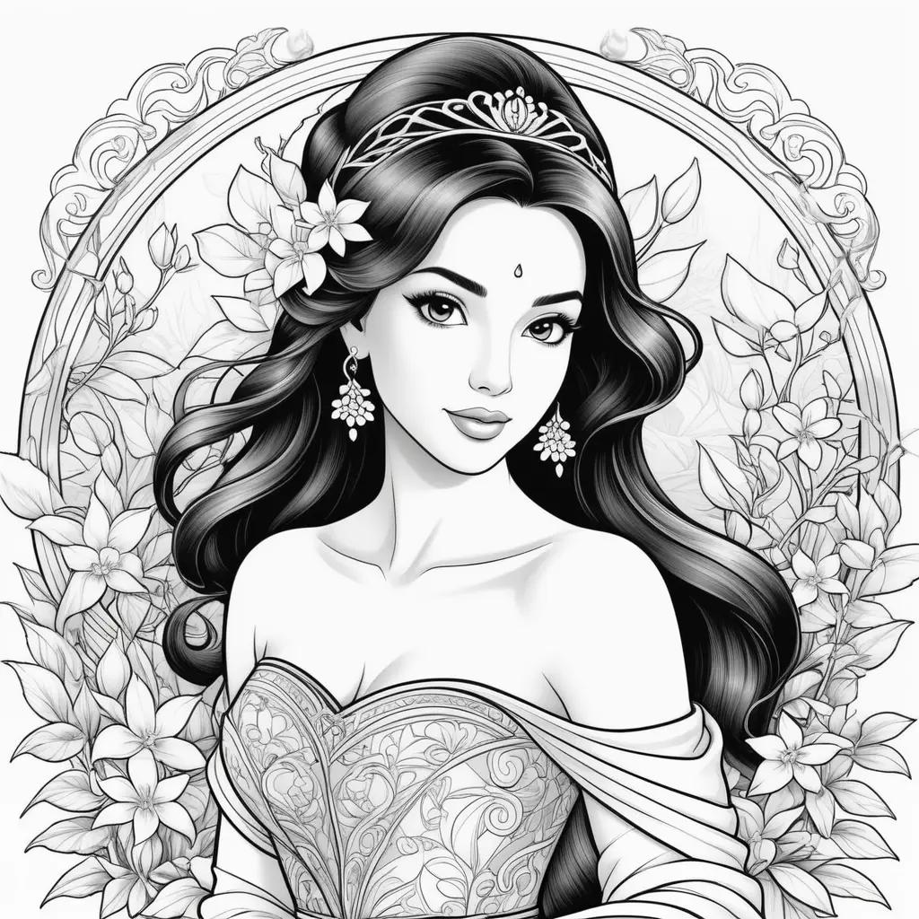 coloring page of jasmine princess with flowers