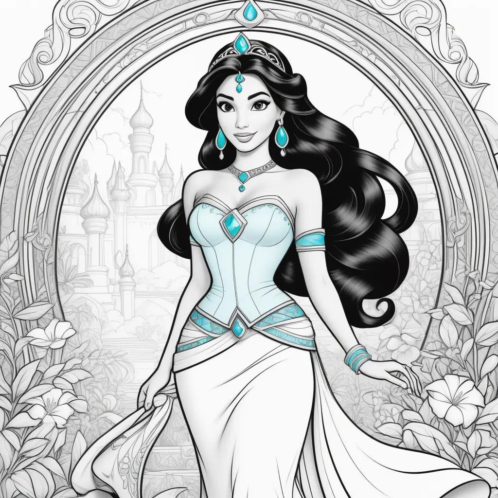 coloring page of princess jasmine in a fancy dress