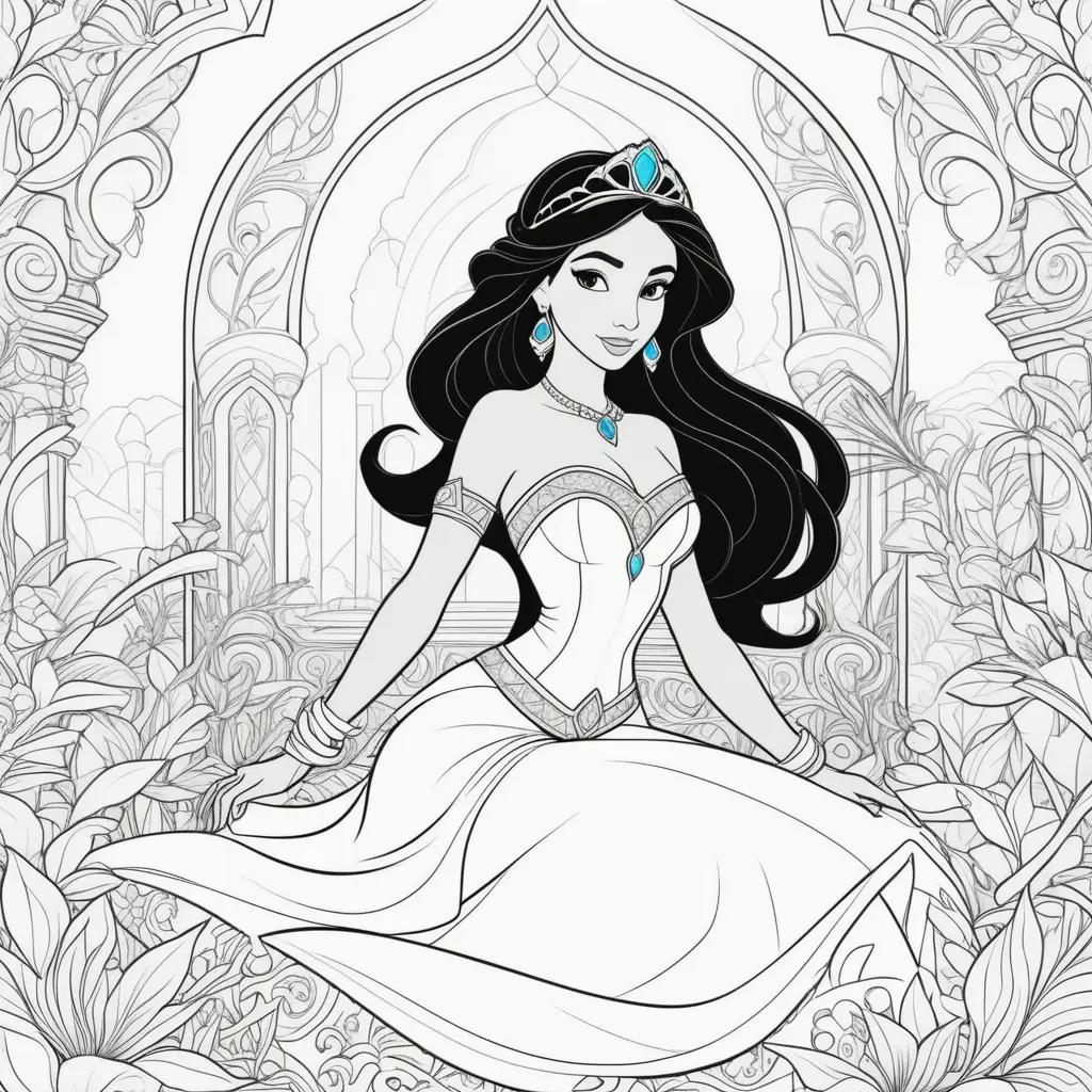 coloring page of princess jasmine with a crown and a tiara