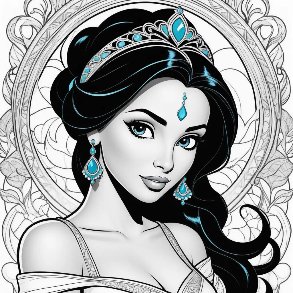 coloring page of princess jasmine with a tiara and earrings