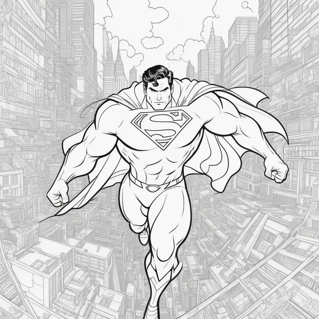 coloring page of superman flying through a city