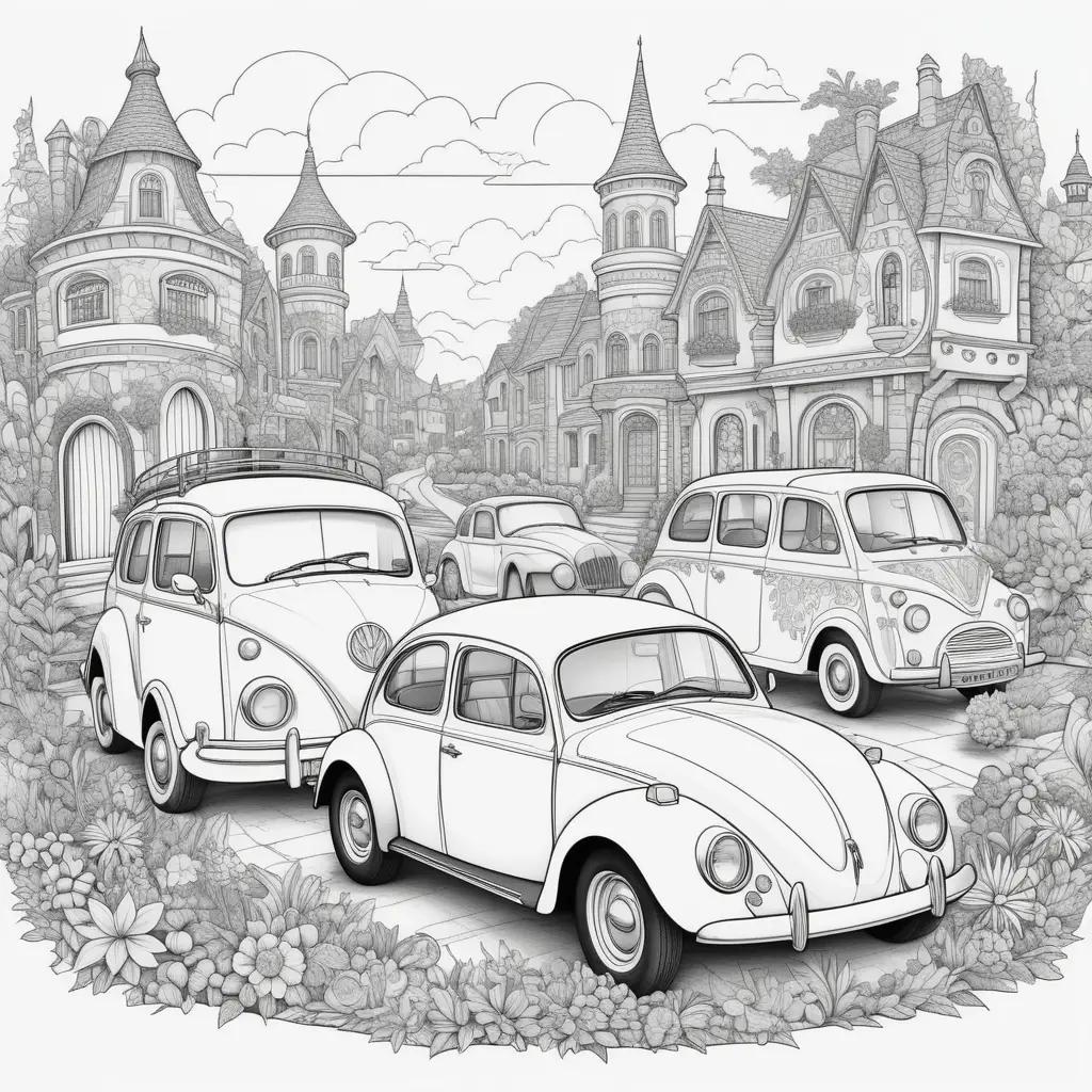 coloring page of three cars in a town