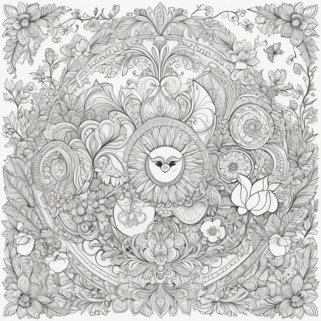 coloring page with a black and white design of flowers and birds