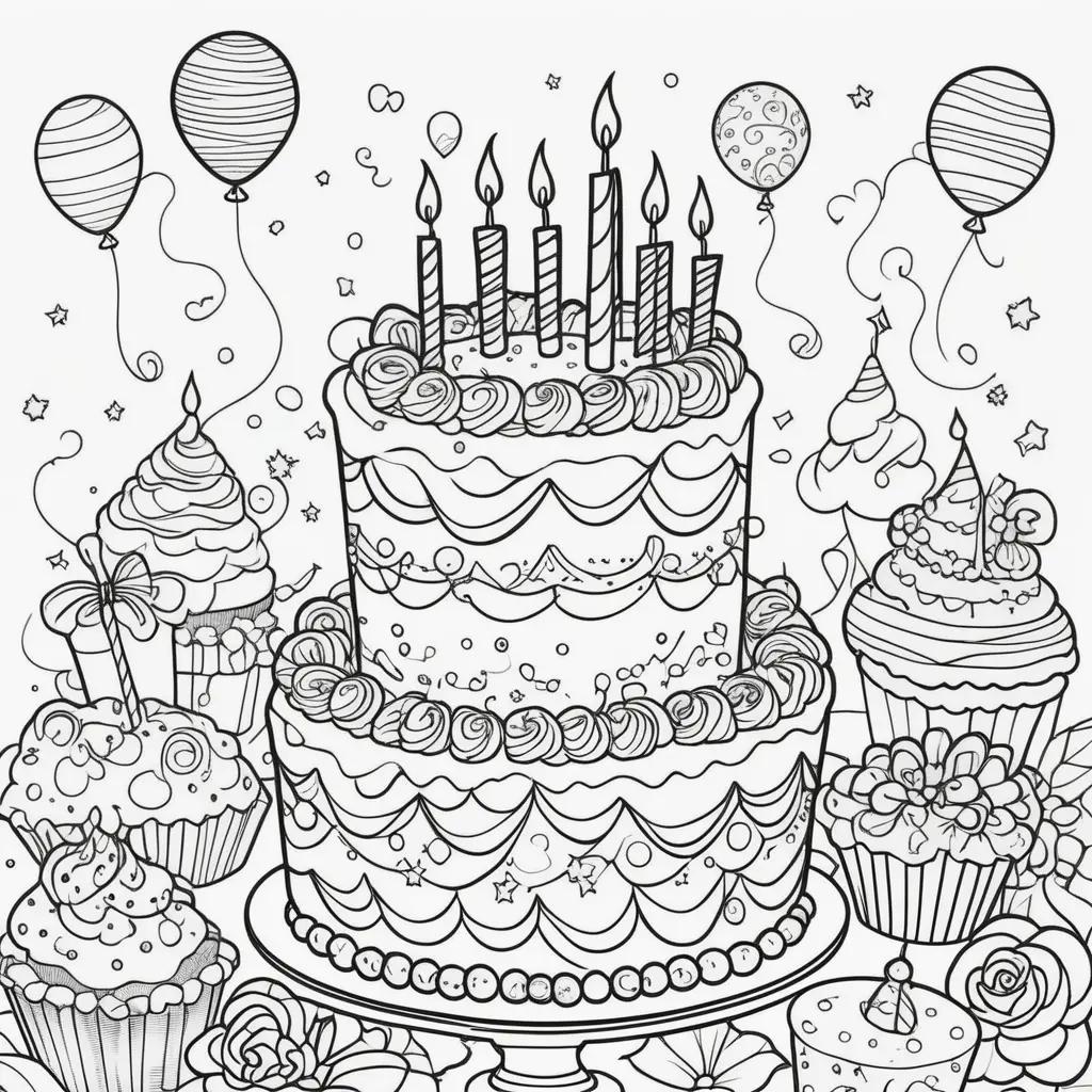 お誕生日おめでとうケーキとカップケーキのぬりえ