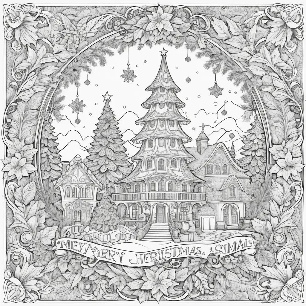 coloring page with a merry christmas wreath and a tree