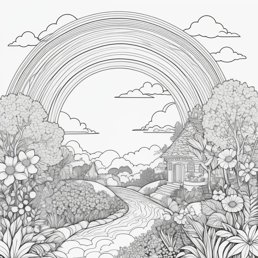 coloring page with a rainbow and a house