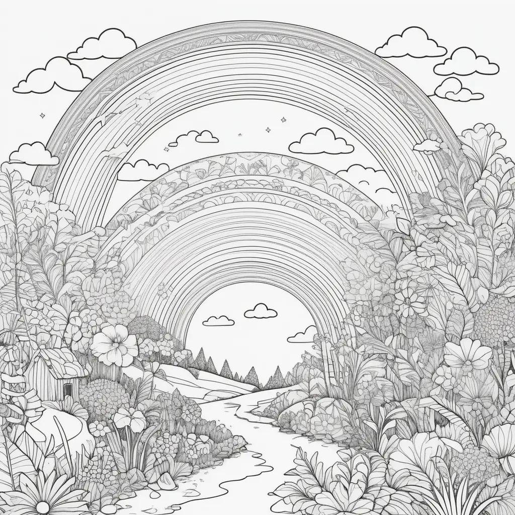 coloring page with a rainbow and flowers