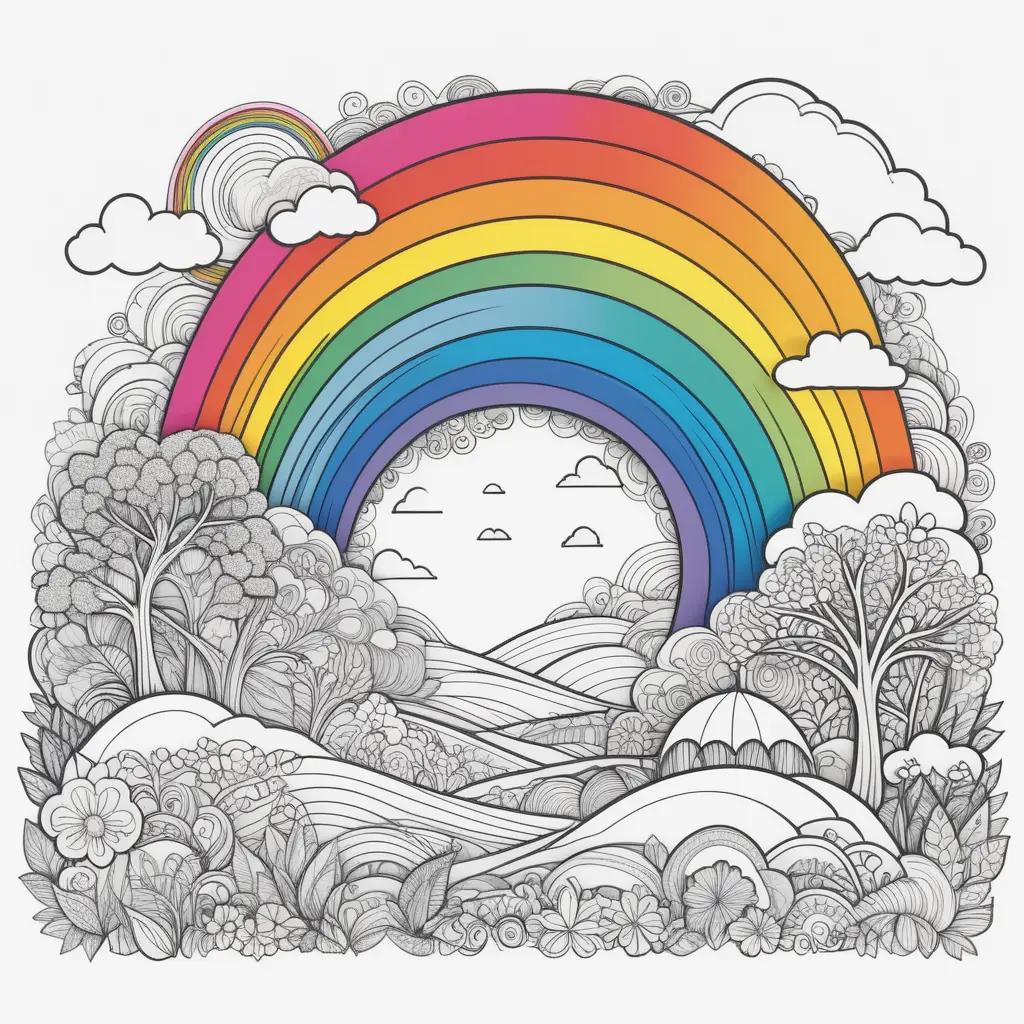 coloring page with a rainbow and trees