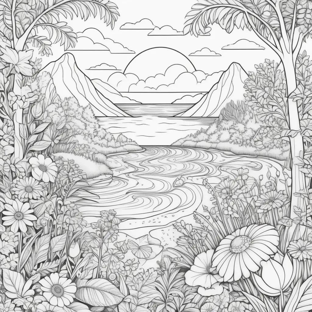 coloring page with a summer setting featuring a mountain, river, flowers, and clouds