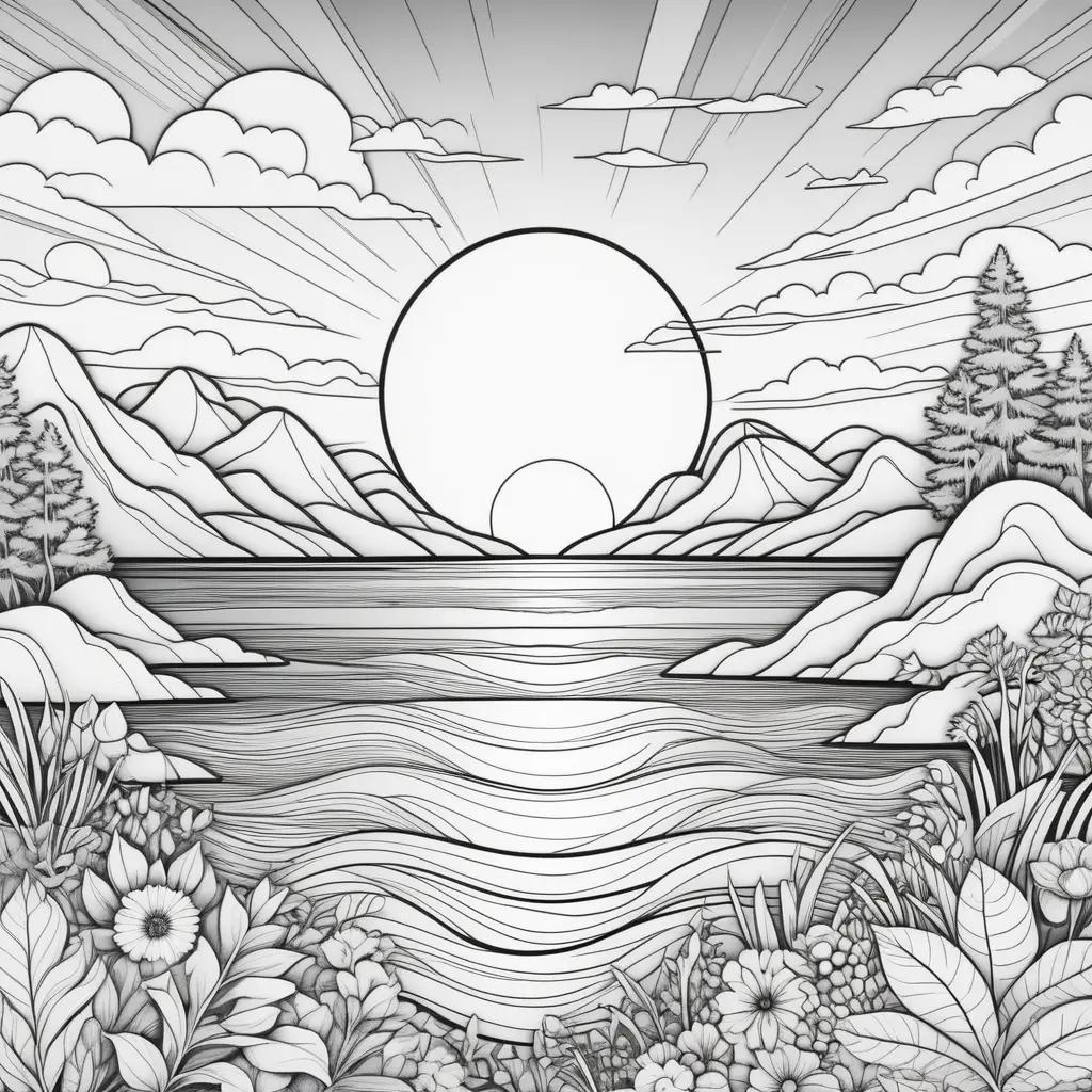 coloring page with a sunset and flowers