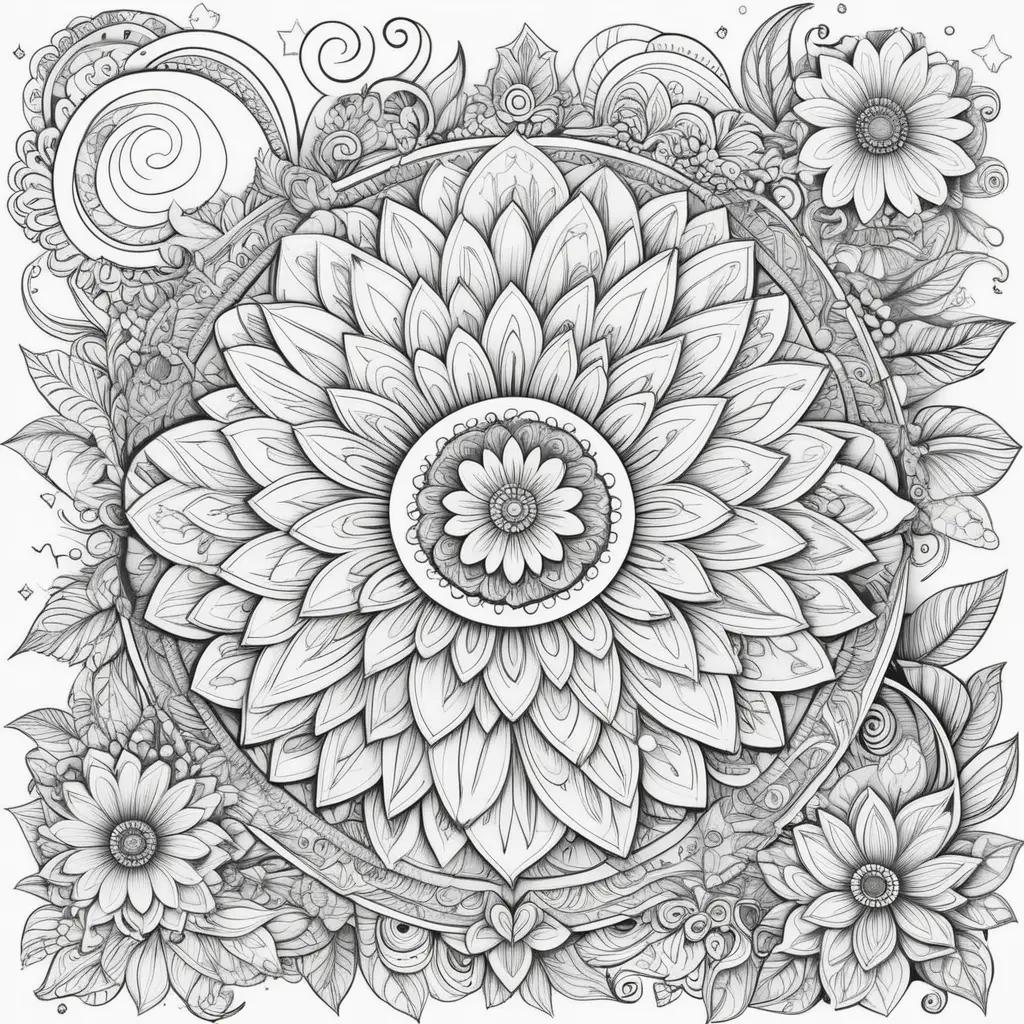 coloring page with flower designs in black and white