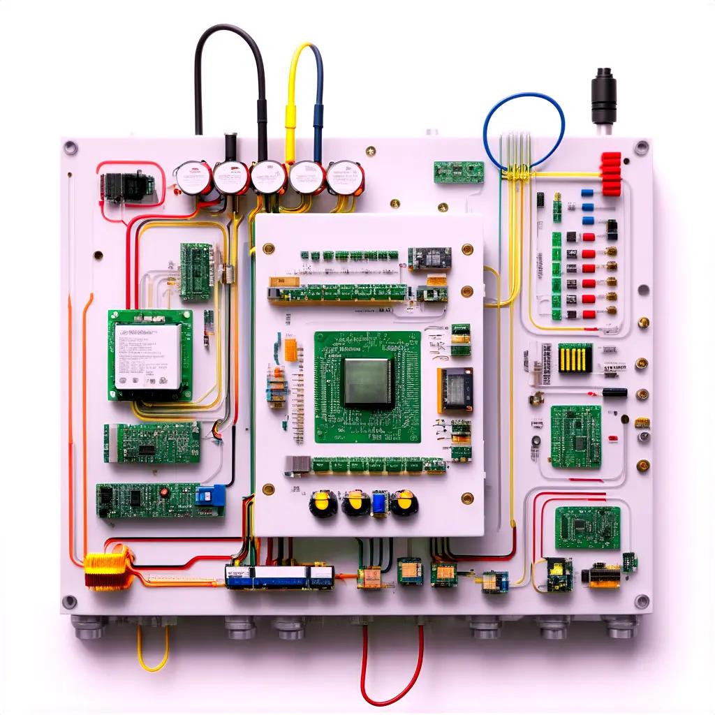 complex electronic circuit board with wires and components