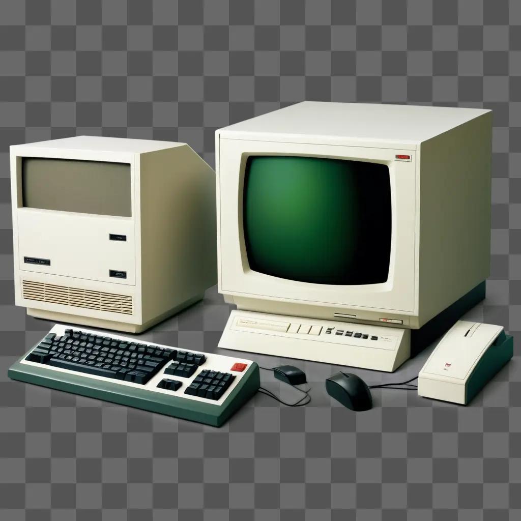 computer and monitor with green screen in the middle