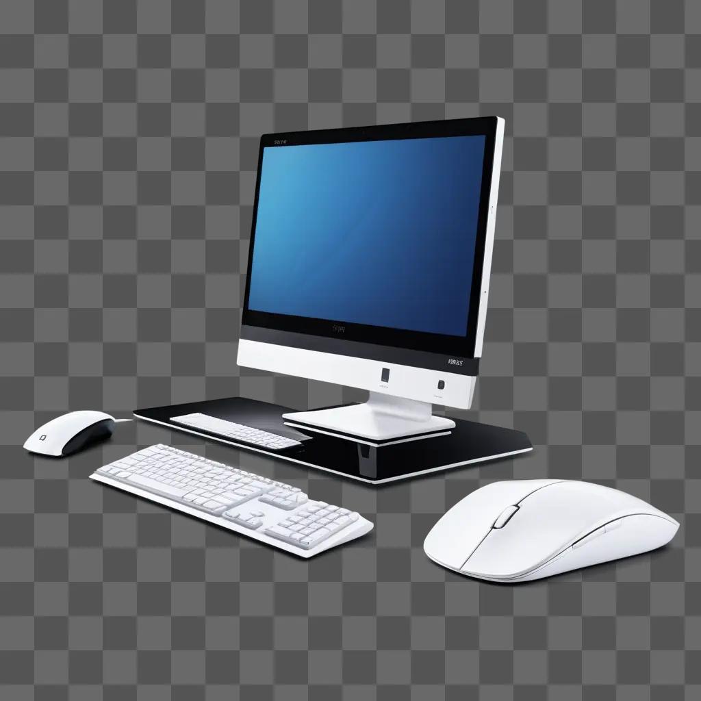 computer sits on a black desk with a white mouse and keyboard