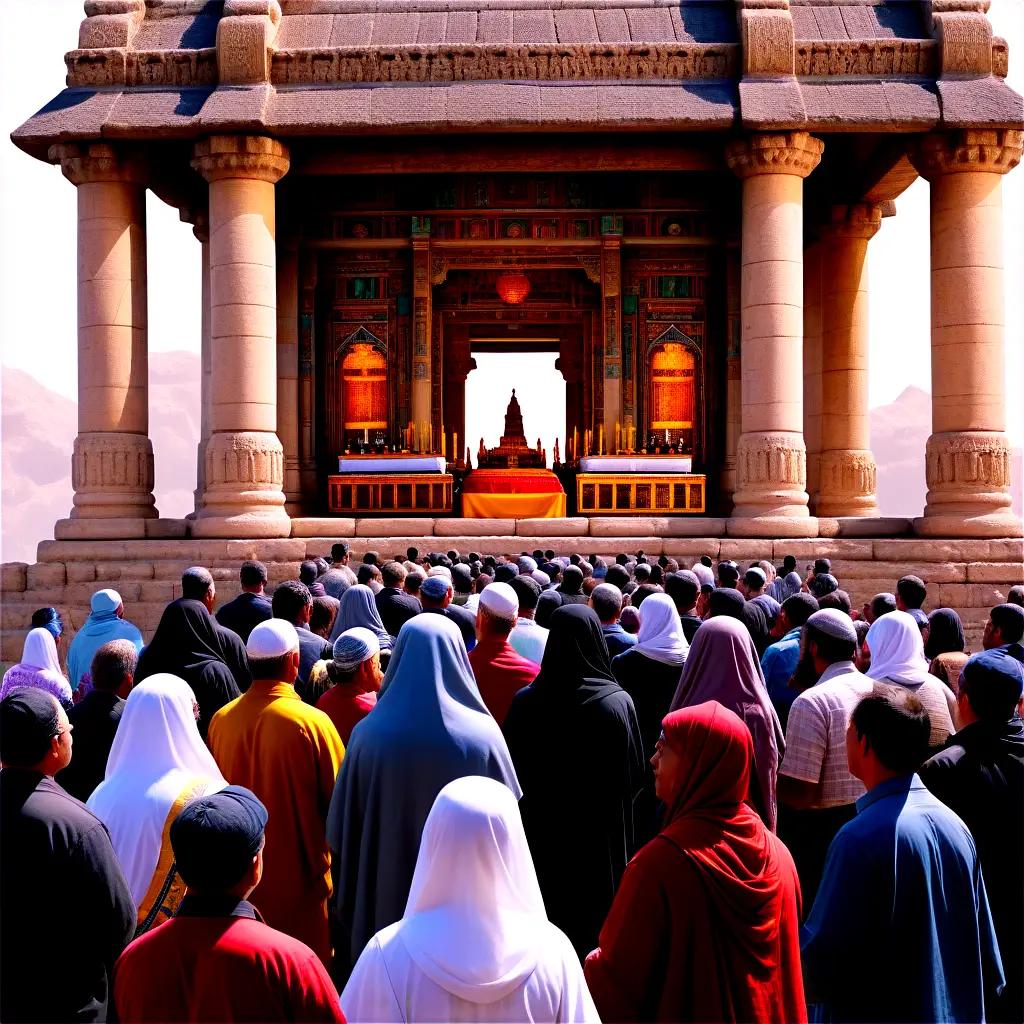 congregation gathers in a temple to worship