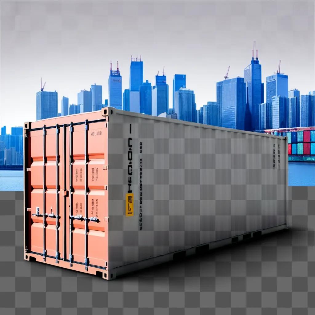 container sits in front of a city skyline