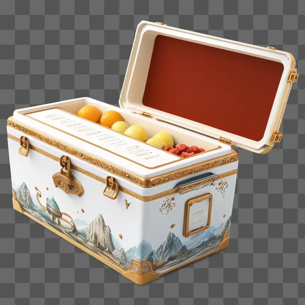 container with a painted mountain scene is holding fruit