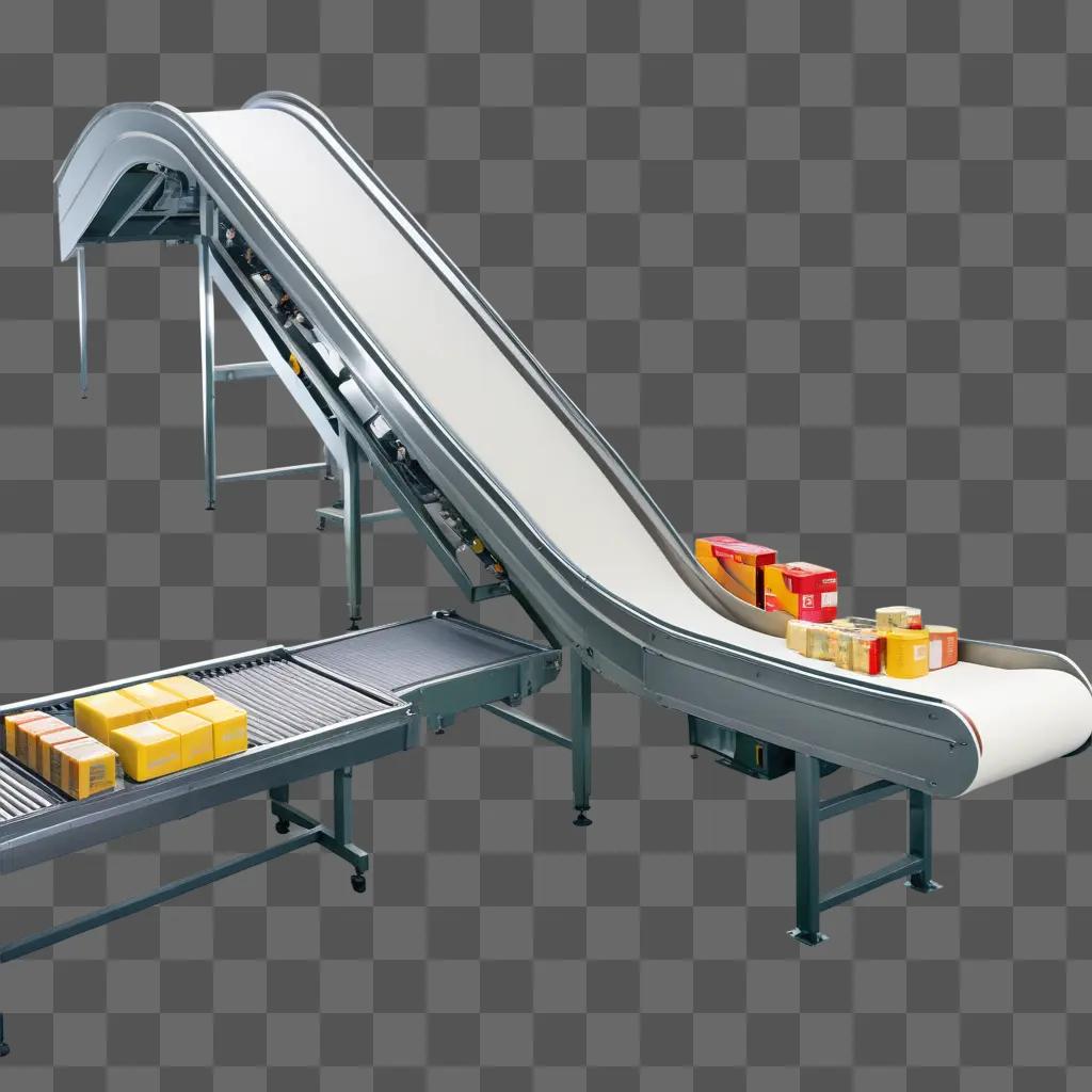 conveyor belt moving boxes of candy down a white ramp