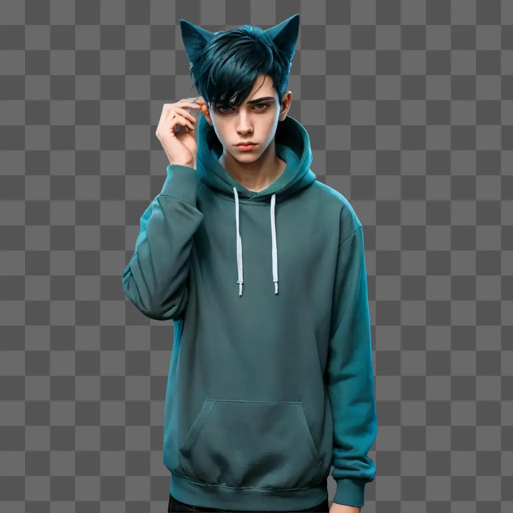 cool anime boy A boy with cat ears on his hoodie