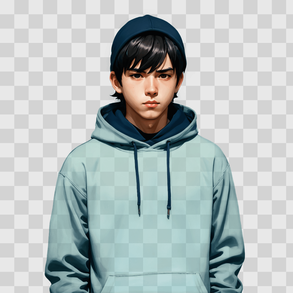 cool anime boy A young boy in a hoodie stands in a light blue background