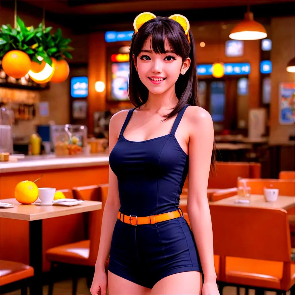 cool anime girl A girl with orange hair bows and a blue outfit stands in a cafe