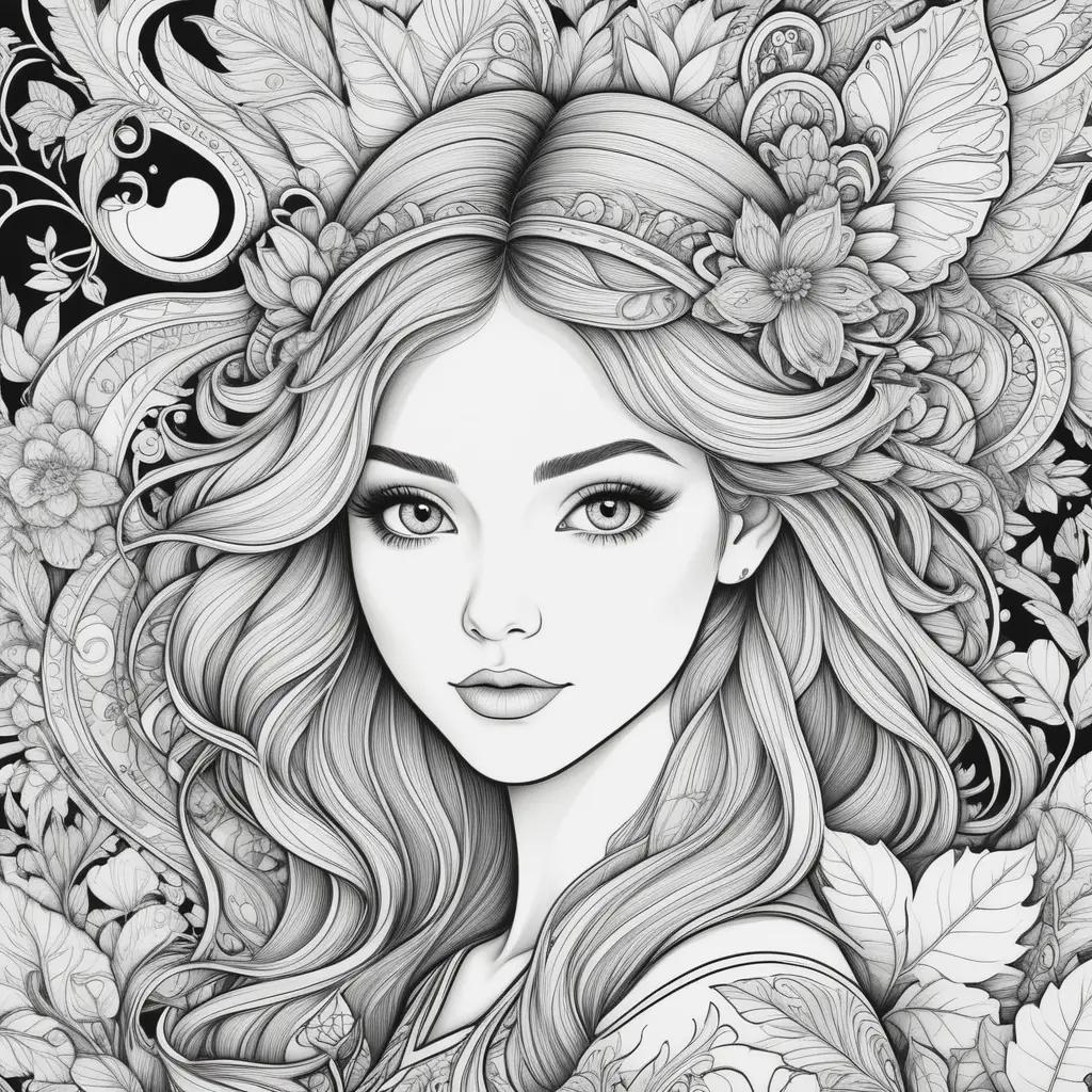 cool coloring page featuring a girl with flowers in her hair