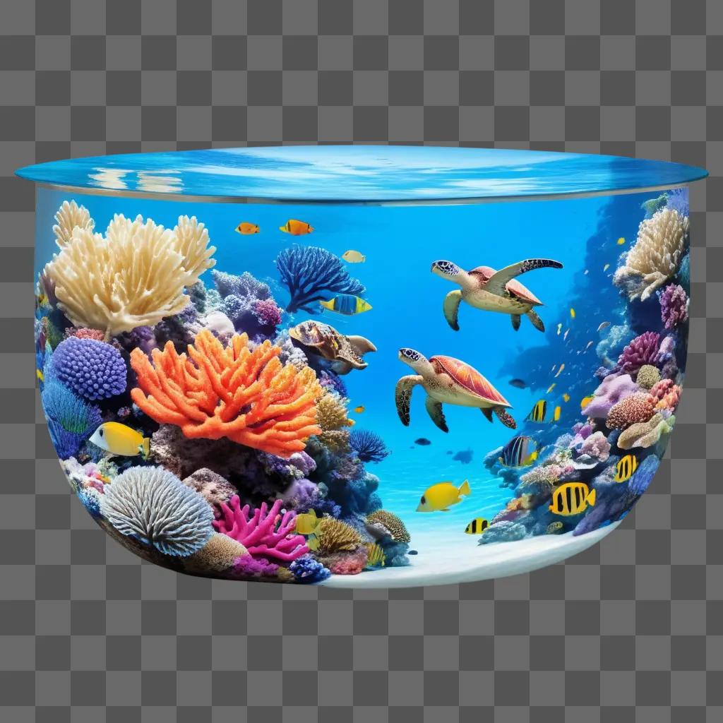 coral reef with fish and turtles in a bowl