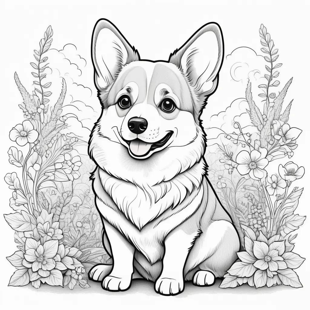 corgi dog sits in a flower garden