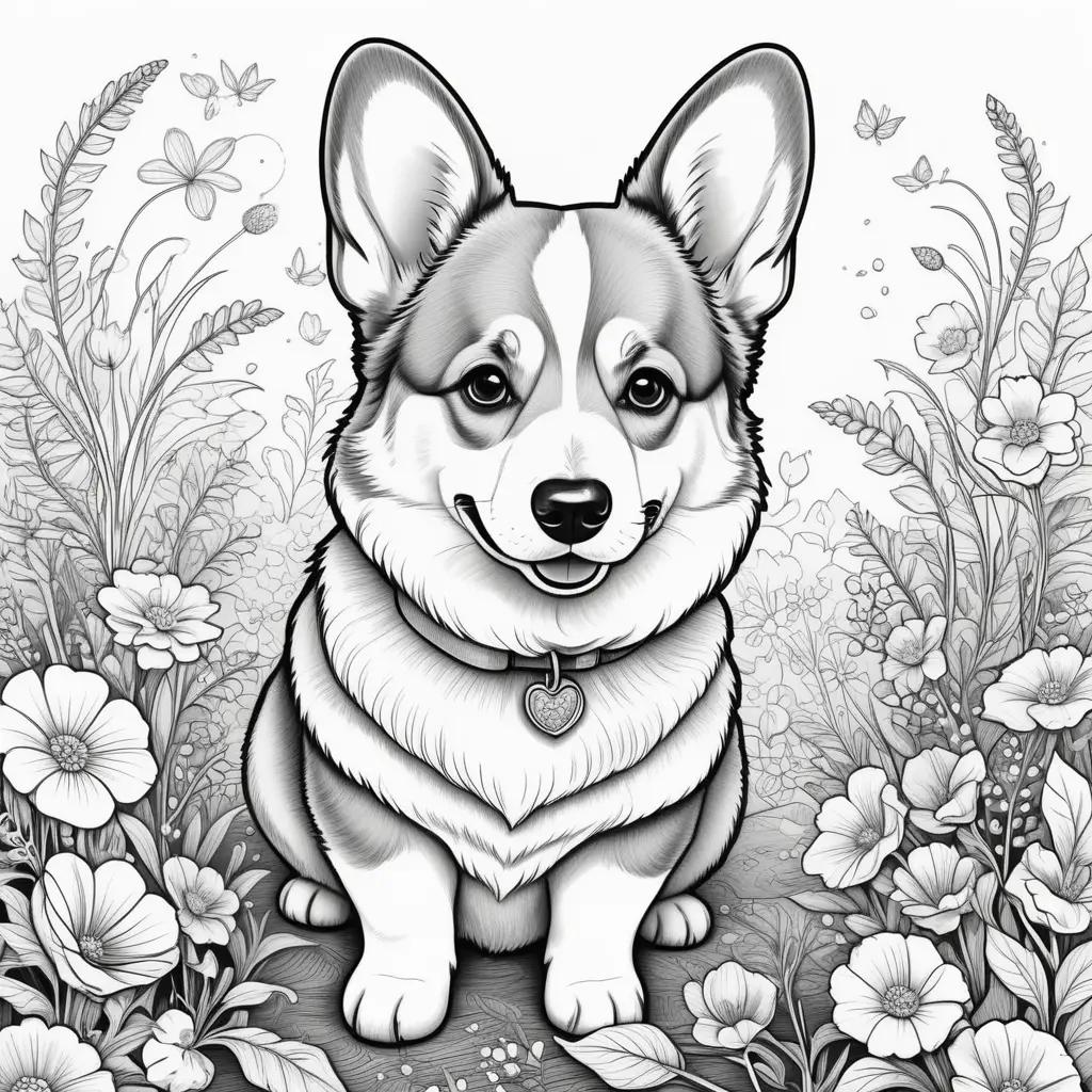 corgi sits in a field of flowers in a black and white drawing