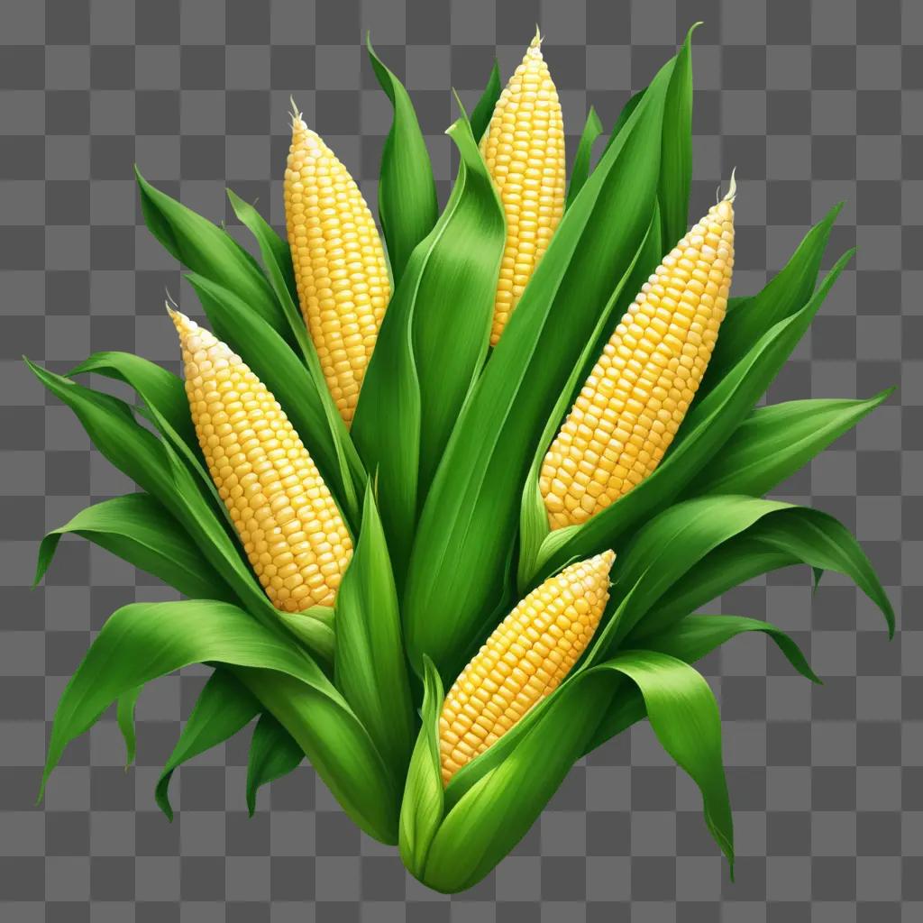 corn plant with six kernels in a green leaf