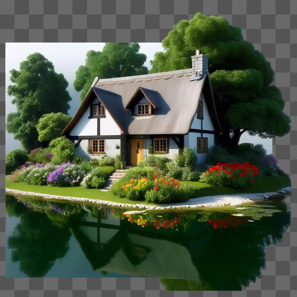 cottage with a pond and flowers in front