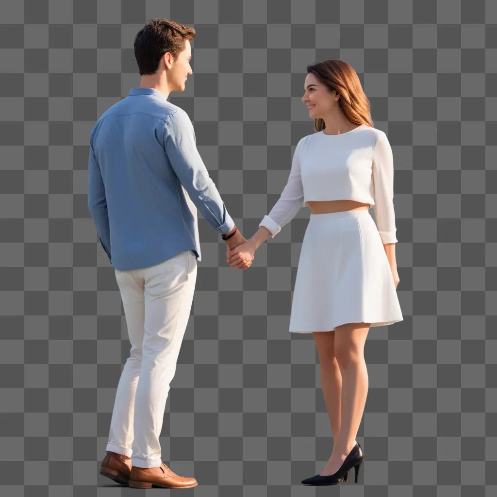 couple holds hands against a blurred background