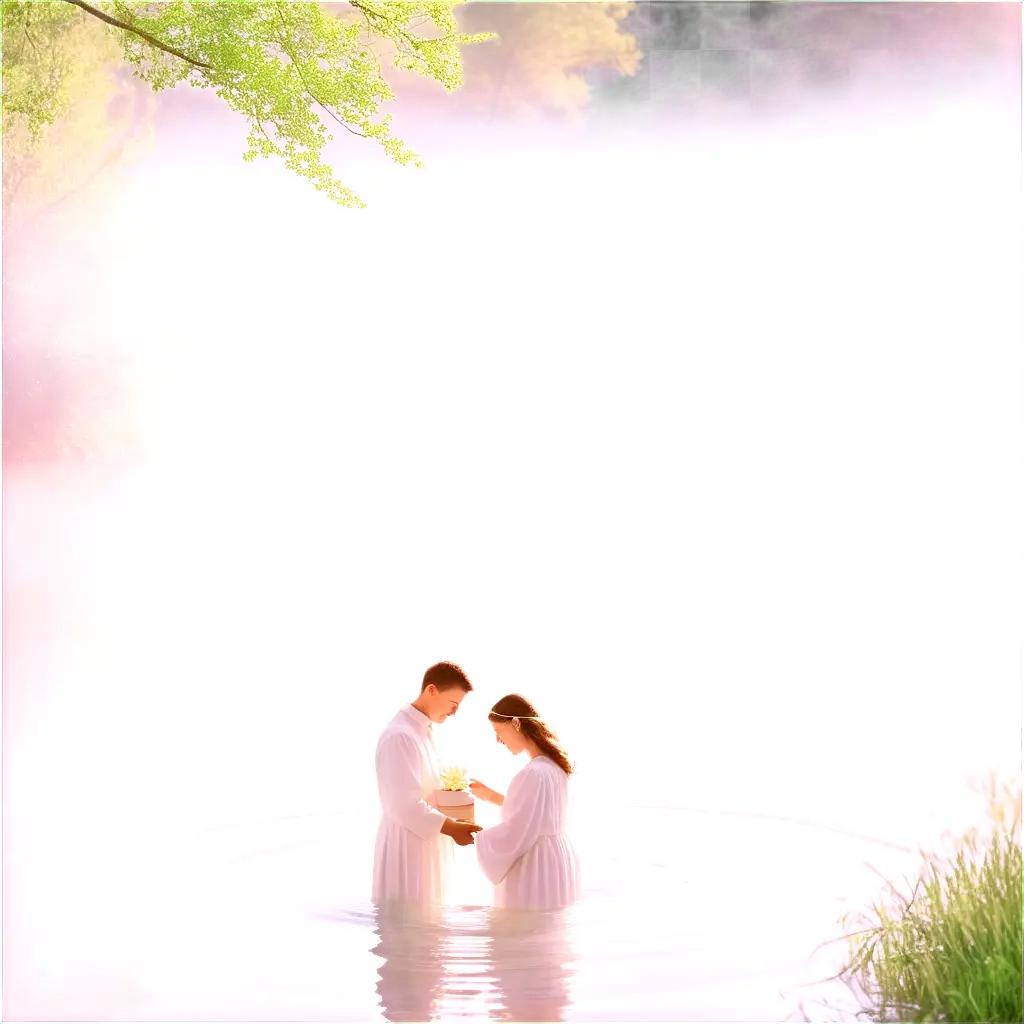 couple is baptized in a lake