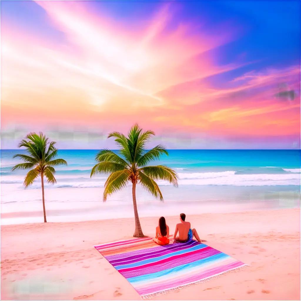 couple relaxes on the beach under a colorful blanket