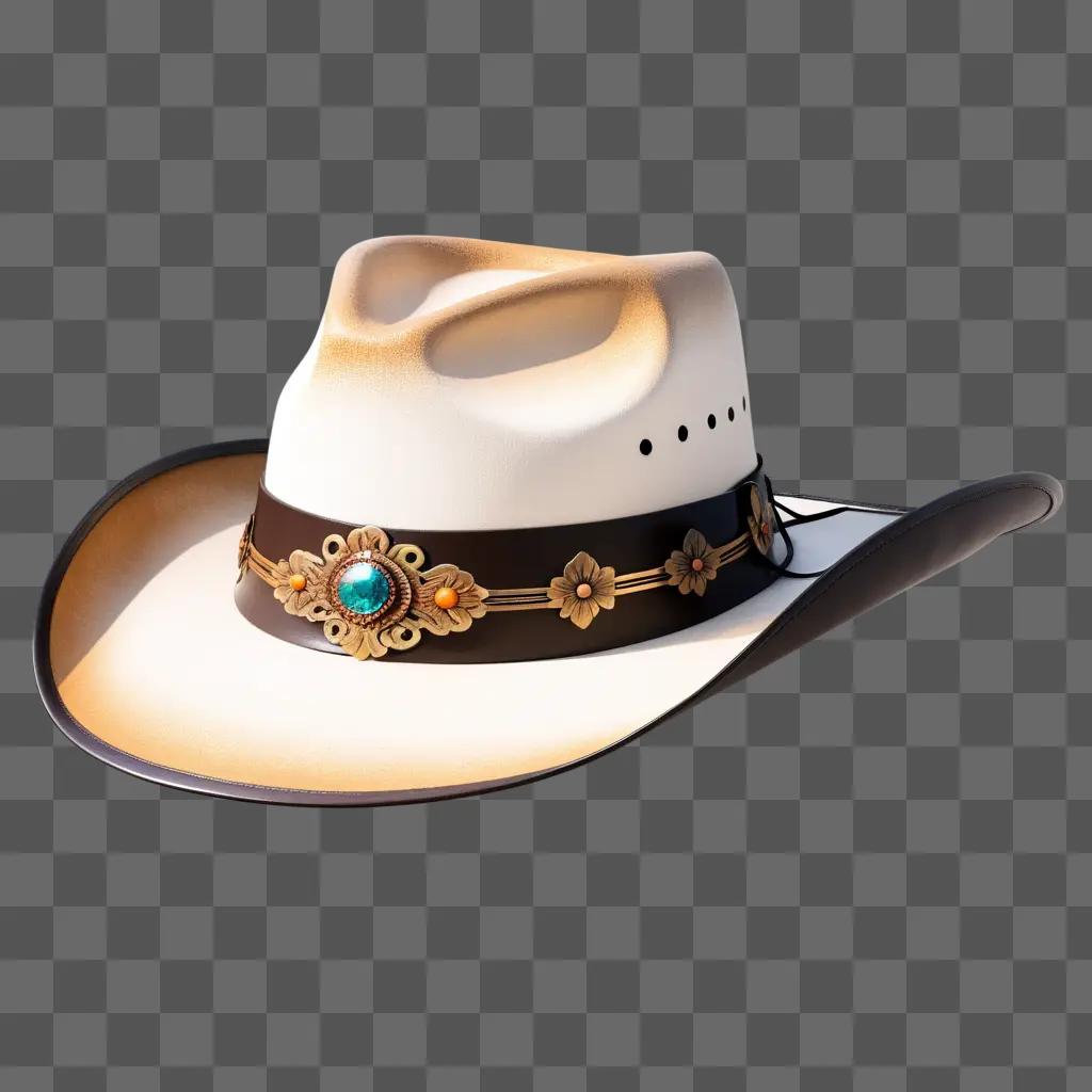 cowboy hat with a stone decoration sits on a grey background