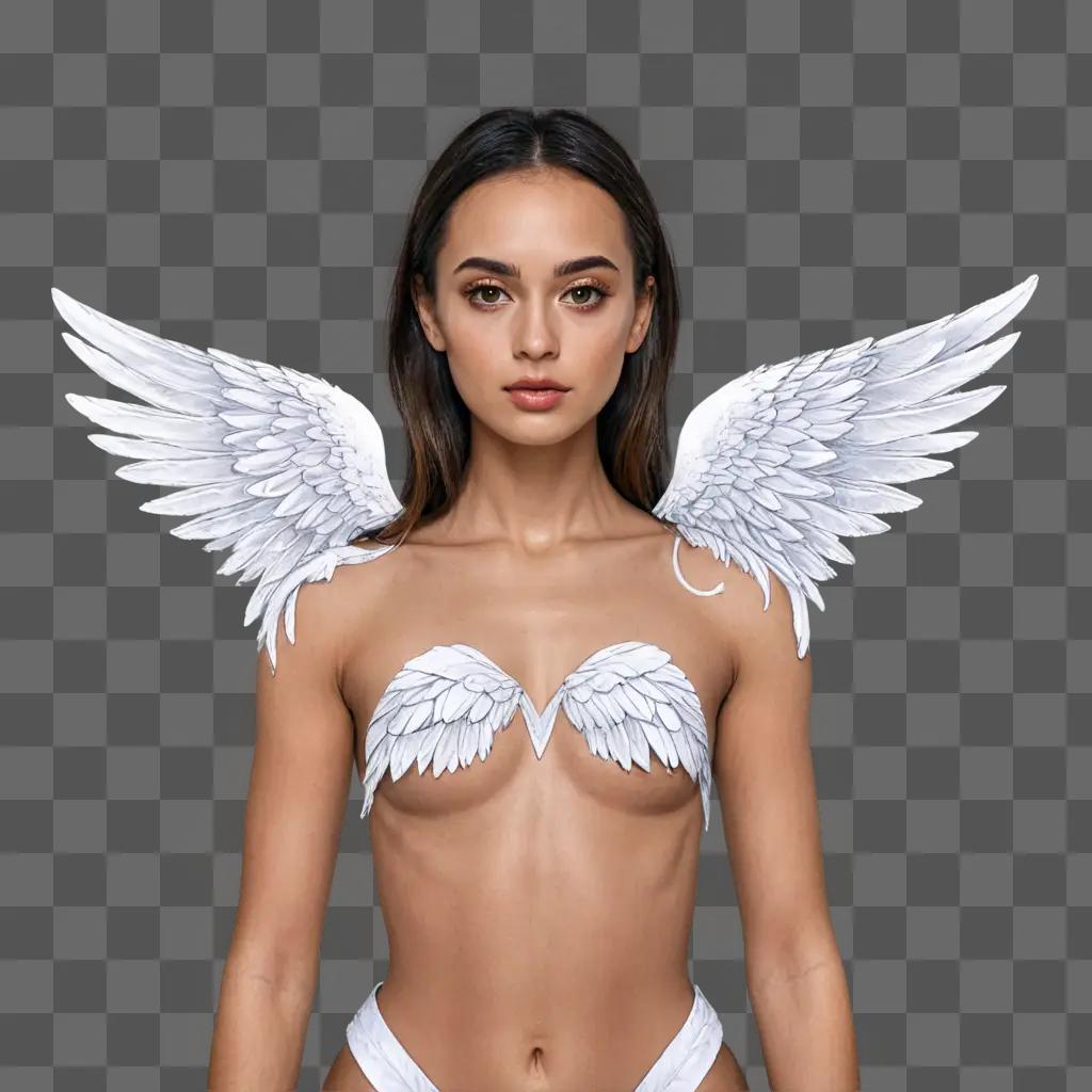 coy angel wings drawing A model with white wings on her chest