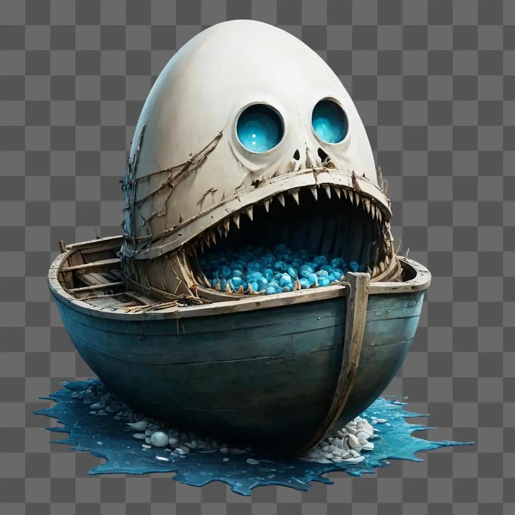 恥ずかしがり屋のボートの描画頭蓋骨と青い魚でいっぱいのボート